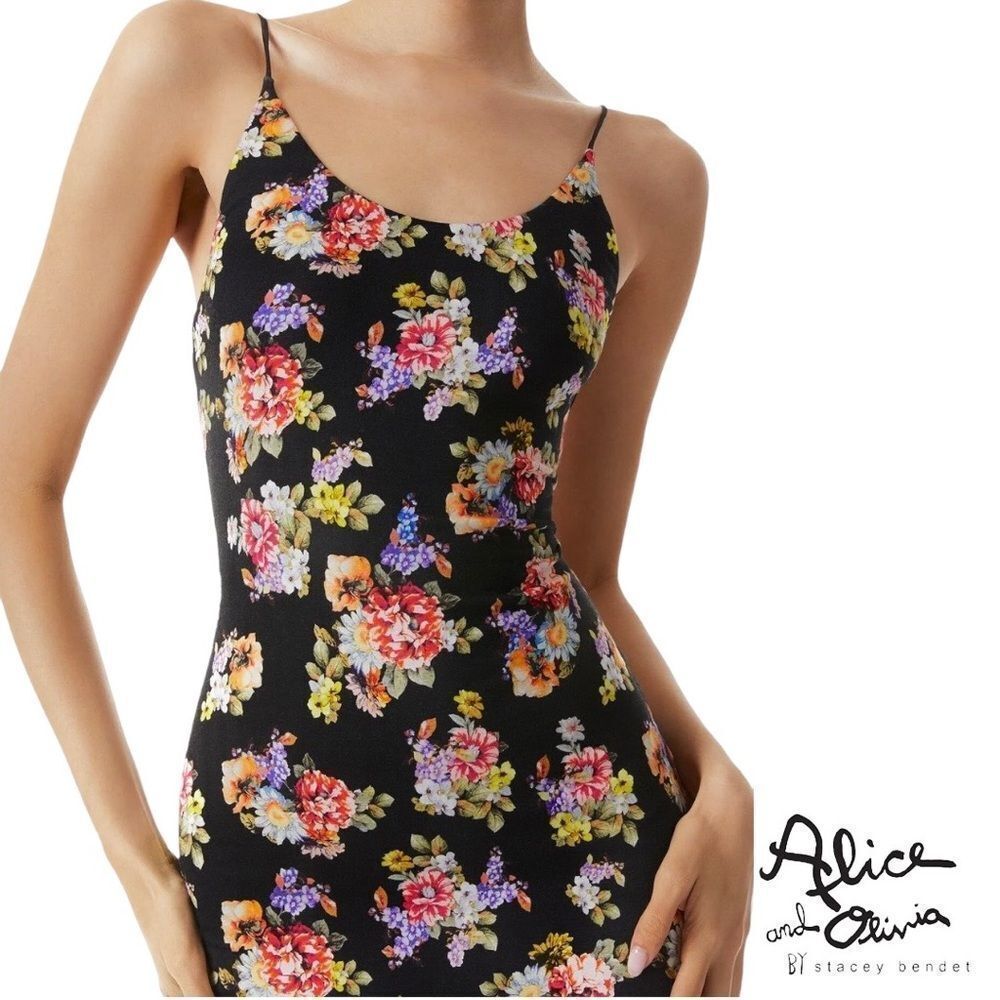 alice + olivia **NWT** Delora Black Magnolia Floral Print Fitted Midi D… - Picture 3 of 13